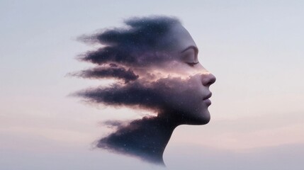 A woman's face is shown in a dreamy, surrealistic style, with clouds