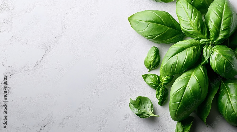 Poster isolated on white background basil leaves stacked atop one another showcasing their smooth texture a