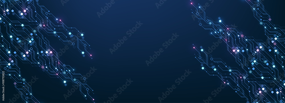 Poster Artificial Intelligence with circuit electric line style. Digital futuristic machine learning design. AI graphic design for website, banner, header, social media, mobile app, UI. Vector illustration
