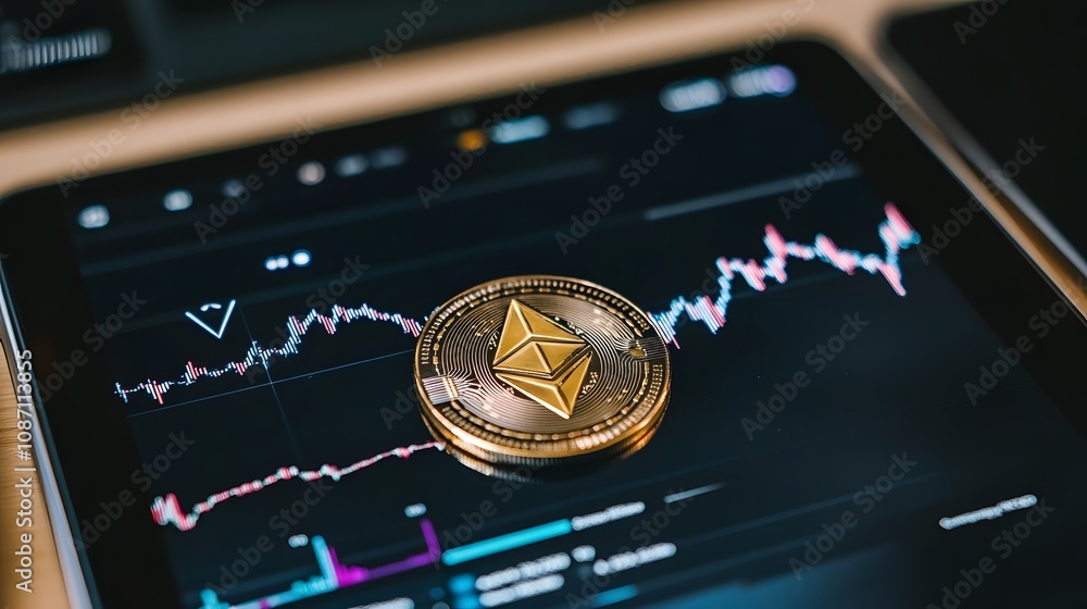 Poster ethereum coin on tablet with digital trading chart background.