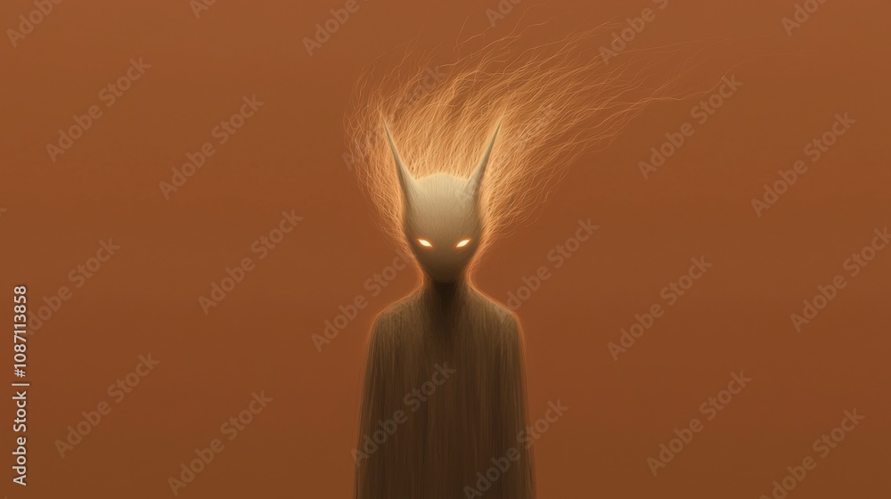 Poster a person with a demonic appearance is standing in front of a red background
