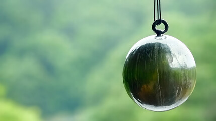 A close-up of a reflective spherical object hanging against a blurred green backdrop, suggesting tranquility and nature.