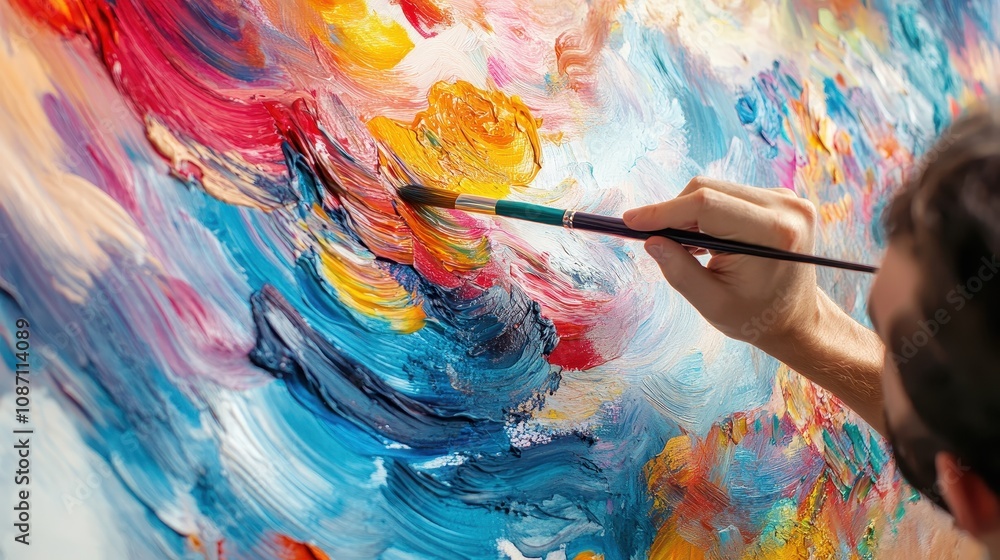 Poster an artist creating a vibrant abstract painting with bold brushstrokes, showcasing colorful swirls an