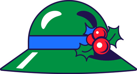 Vector graphic illustration of elegant hat with holly decoration in cartoon style. Headwear for party or carnival. The icon is perfect for web design, decorative elements, print, stickers, or social m