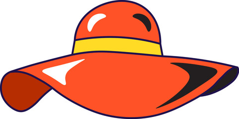 Vector graphic illustration of female wide brim hat in cartoon style. Stylish retro headdress. Headwear for party or carnival. The icon is perfect for web design, decorative elements, print, stickers,