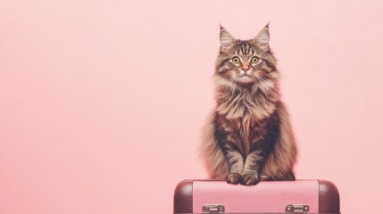 Fluffy cat sitting elegantly on a suitcase with a soft pink background, embodying a whimsical travel theme. Perfect for pet and travel enthusiasts.