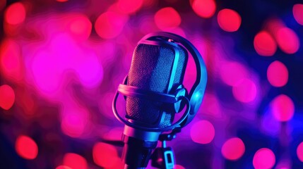 Dynamic Close-Up of a Professional Microphone Surrounded by Colorful Bokeh Lights, Perfect for Podcasting or Broadcast Themes
