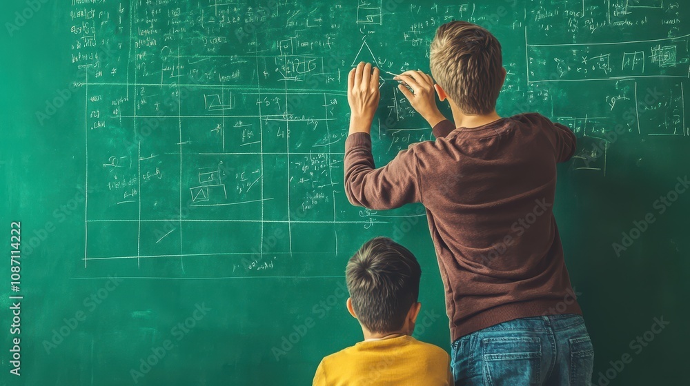 Poster engaging teacher helping students solve math problems on a green chalkboard with mathematical equati