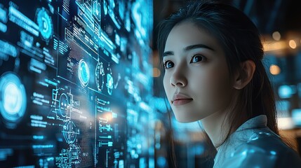 Woman Engaging with Futuristic Digital Interface