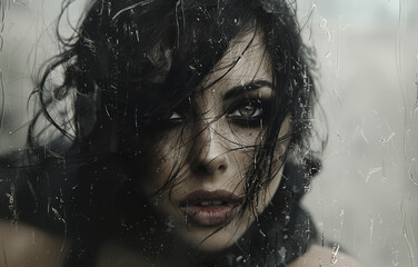 Deteriorated portrait of a woman with a vampire aesthetic with her hair moving in the air