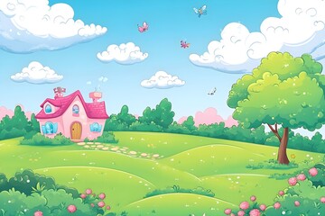 Fototapeta premium Beautiful landscape vector illustration of mountains, forests, fields and meadows. Stunning panoramic farm landscape with mountains in the background. Natural landscape