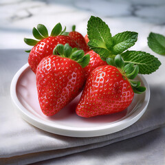 Red strawberries are placed on a white marble plate with mint leaves