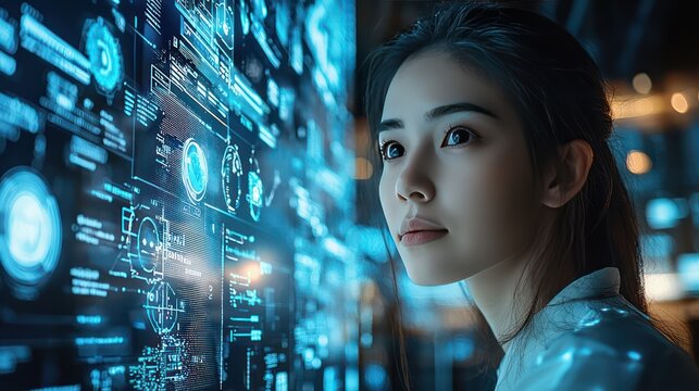 Woman Engaging with Futuristic Digital Interface - Powered by Adobe