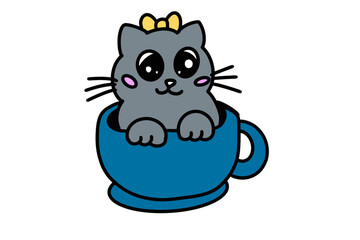 Vector illustration in manga style of a kitten inside a mug