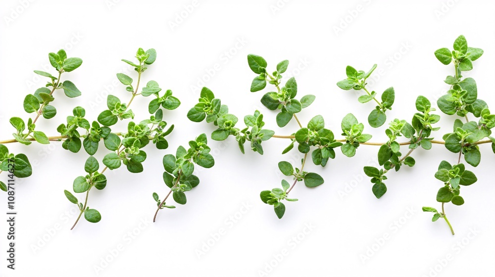 Poster Isolated on white background multiple thyme sprigs placed diagonally to create an organic flow and side empty space for text Stockphoto style