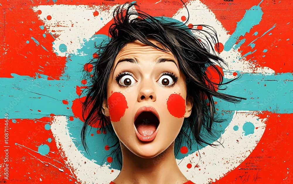 Poster retro pop art interpretation of a woman with surprised and emotive features bold overlapping shapes 
