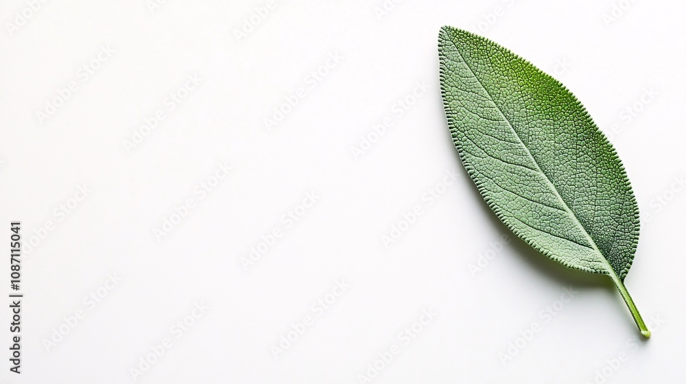 Poster Isolated on white background single sage leaf with its velvety surface facing upwards emphasizing texture and side empty space for text Stockphoto style
