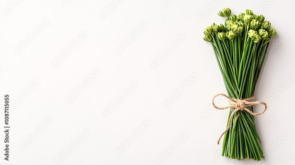 Poster Isolated on white background bundle of chives tied together with natural string creating an elegant herb presentation and side empty space for text Stockphoto style