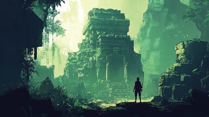 A lone adventurer exploring an ancient jungle ruin, discovering hidden treasures along the way.