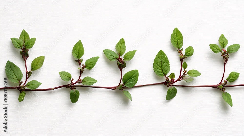 Fototapete Isolated on white background marjoram sprigs with small clustered leaves placed in a clean linear arrangement and side empty space for text Stockphoto style