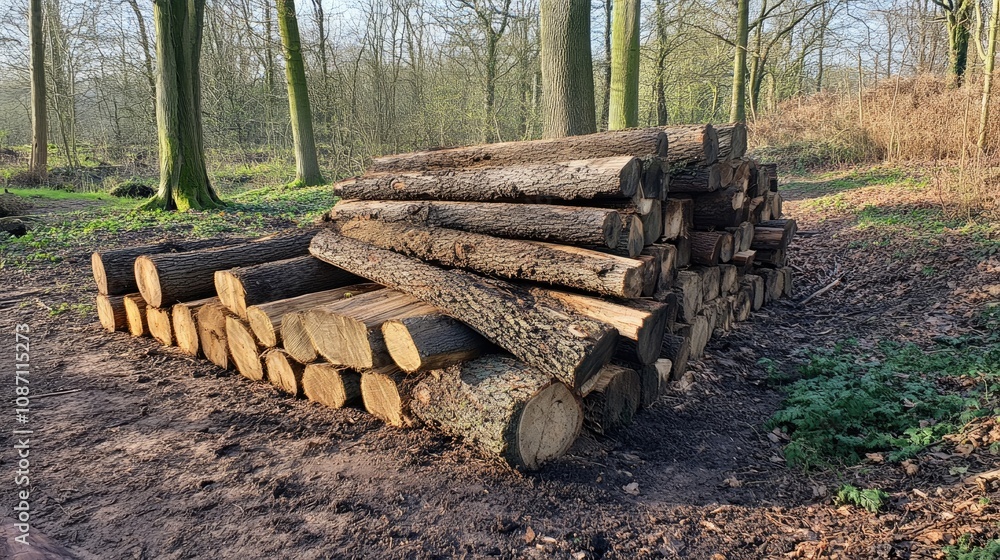 Aufkleber neatly arranged stack of freshly cut timber logs resting on the forest floor surrounded by trees and