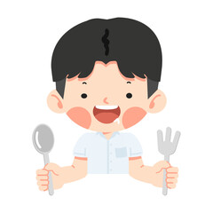 Kid boy hungry holding a fork and spoon