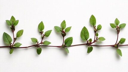 Isolated on white background marjoram sprigs with small clustered leaves placed in a clean linear arrangement and side empty space for text Stockphoto style