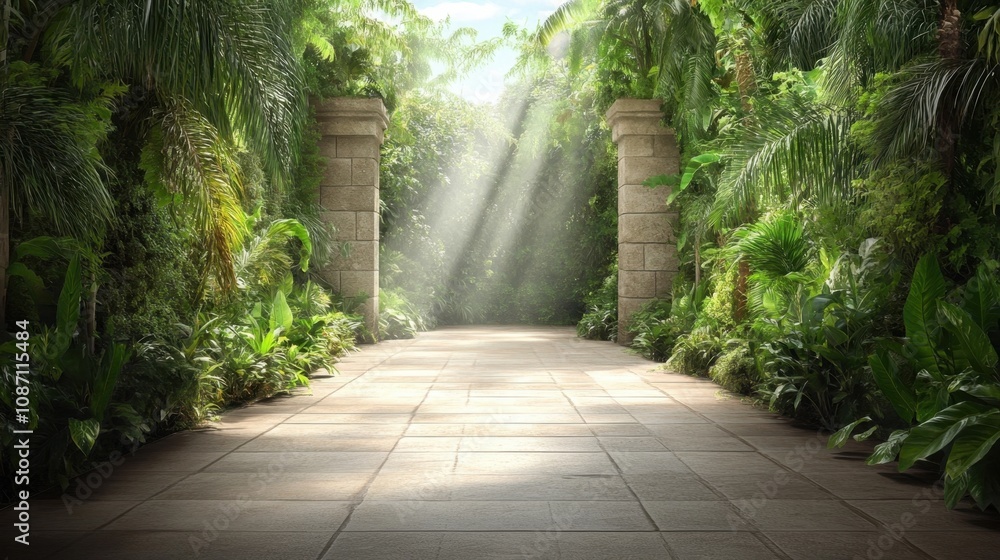 Poster serene pathway through a lush green jungle with sunlight filtering in from above during daytime