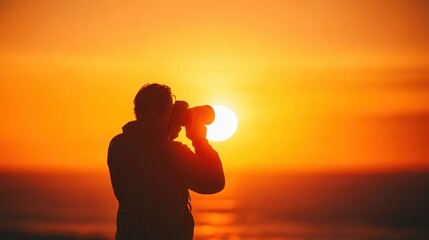 A Photographer Capturing a Stunning Sunset Over the Ocean with a Camera, Emphasizing the Beauty of Nature in a Warm, Golden-Hued Atmosphere