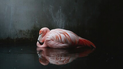 Fototapeta premium Resting flamingo with submerged feet, gracefully nestled against a dark, moody background, creating a serene water reflection effect.