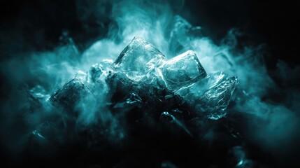Crystalline ice formations shrouded in ethereal blue smoke, creating a captivating contrast and mysterious atmosphere.