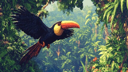 Fototapeta premium 8-bit toucan flying above a jungle canopy filled with pixelated vines and exotic trees.