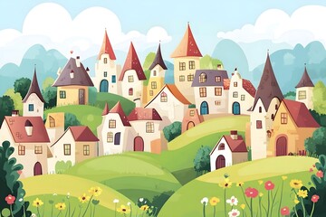 Beautiful landscape vector illustration of mountains, forests, fields and meadows. Stunning panoramic farm landscape with mountains in the background. Natural landscape