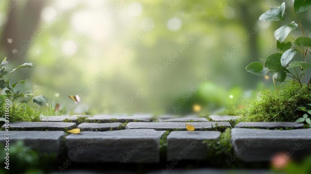 Poster a serene pathway lined with stones and greenery illuminated by soft sunlight in a tranquil forest se