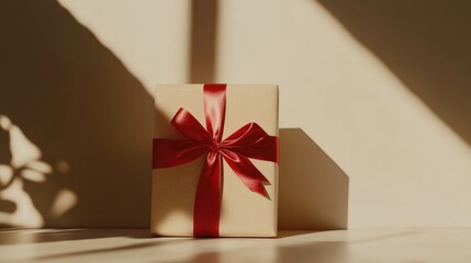 Elegant gift box with a luxurious red ribbon and bow, beautifully contrasting with a soft light background and gentle shadows.