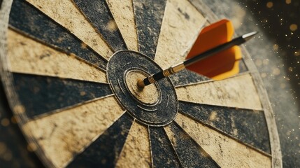 Dart hitting the bullseye demonstrating precision and success in targeting, with a rustic dartboard and a dynamic background of sparkling effects.