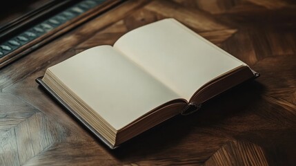 Open book mockup on a wooden surface showcasing blank pages for design projects, with ample space allocated for custom text and graphics.