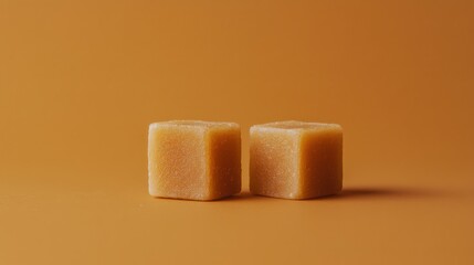 A plain arrangement of two jaggery cubes on a muted orange background symbolizing Lohris sweetness with simple, clean lines and minimalistic beauty