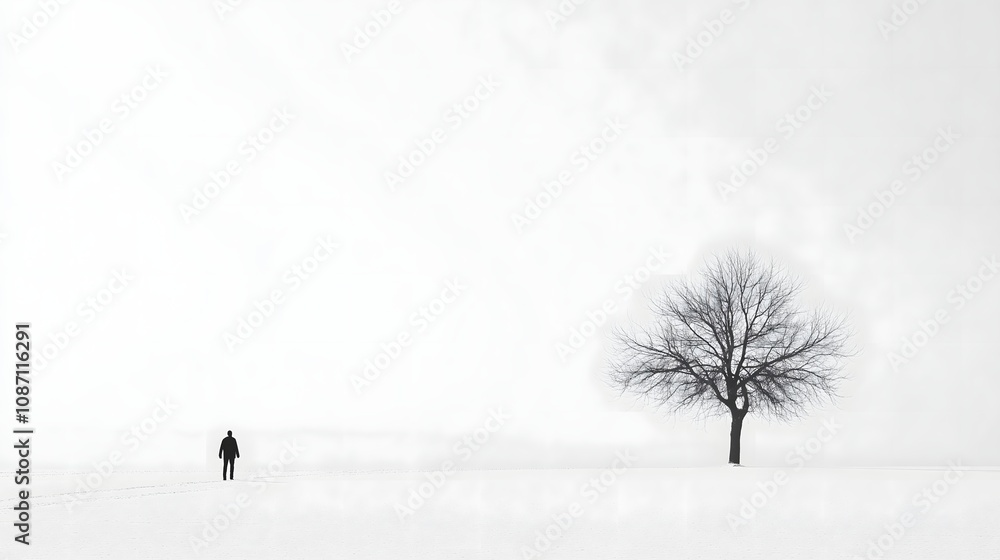 Wall mural Minimalist winter landscape with lone figure walking near solitary bare tree in white snow field, copy space