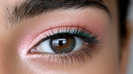 Obraz premium A woman's eye is highlighted with a pink and green eyeliner