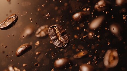 Rich dark coffee beans suspended in dynamic motion, creating an alluring backdrop of mocha tones that evoke the aromatic essence of gourmet coffee.
