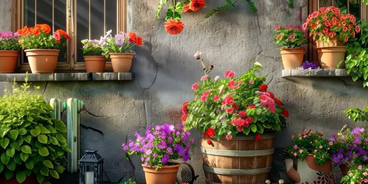 Garden with colorful geraniums and garden ornaments, 4K , Video