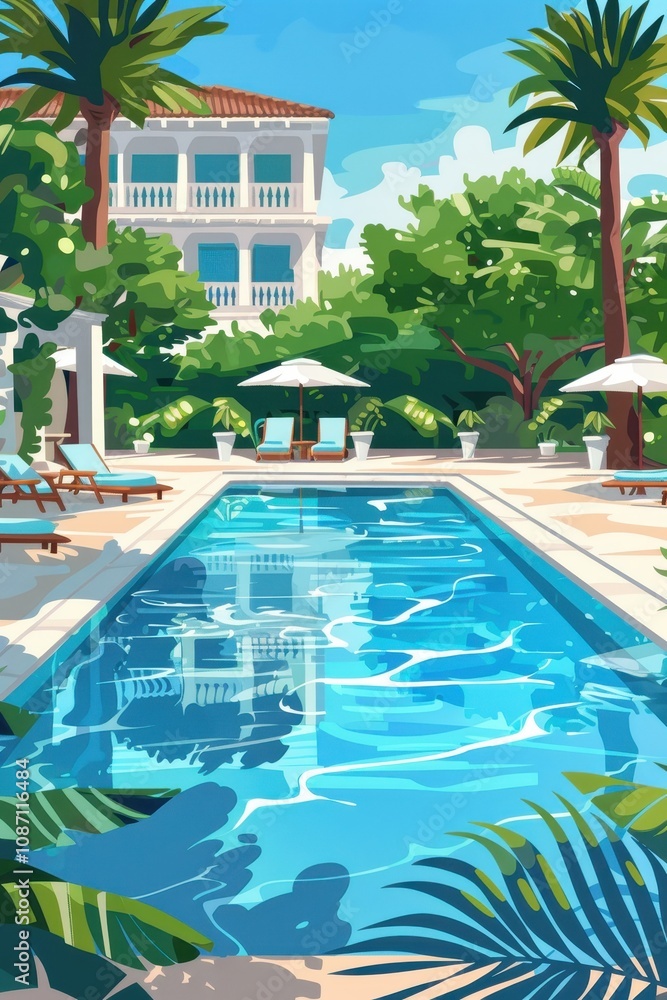Aufkleber luxurious swimming pool illustration with lush greenery and elegant architecture capturing summer bl