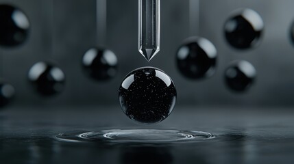 A black sphere is floating in a pool of water