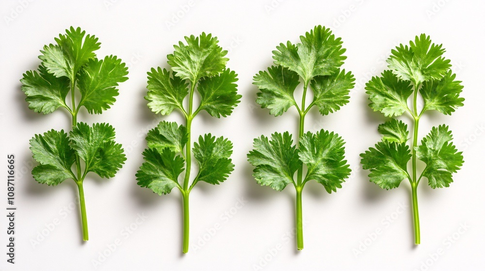 Poster Isolated on white background cilantro sprigs arranged in a star-like pattern to highlight their light green textures and side empty space for text Stockphoto style