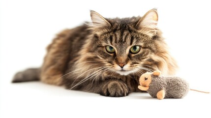Obraz premium Fluffy domestic cat intently playing with a small plush mouse, set against a clean white background, capturing a moment of playful curiosity.