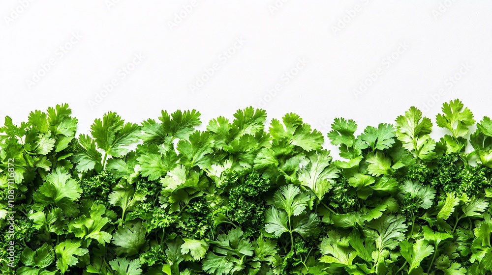 Poster Isolated on white background cilantro sprigs arranged in a star-like pattern to highlight their light green textures and side empty space for text Stockphoto style