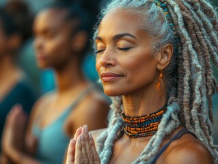 yoga instructor demonstrates pose students mirroring her creating calm atmosphere filled natural light wellness class.