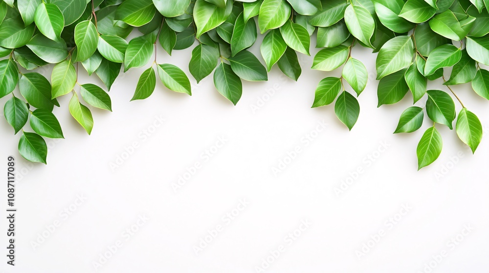 Poster Isolated on white background bay leaves fanned out evenly to create a natural flow emphasizing their smooth green surfaces and side empty space for text Stockphoto style