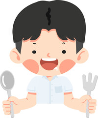 Kid boy hungry holding a fork and spoon